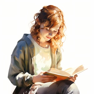 Clipart donna che legge, topo di biblioteca, immagini di lettura di libri, 10 clipart ad acquerello, JPG stampabili, download immediato, uso commerciale