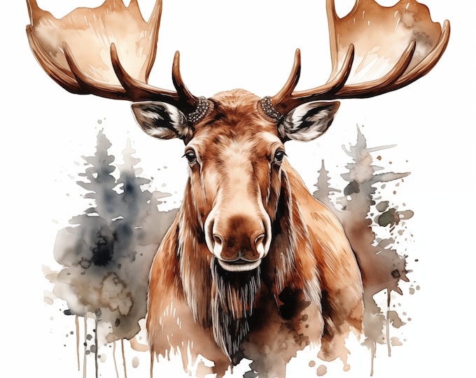 Moose Clipart, Forest Moose Images, 10 Watercolor Clip Art, Printable JPGs, Instant Download, Commercial Use, Paper craft