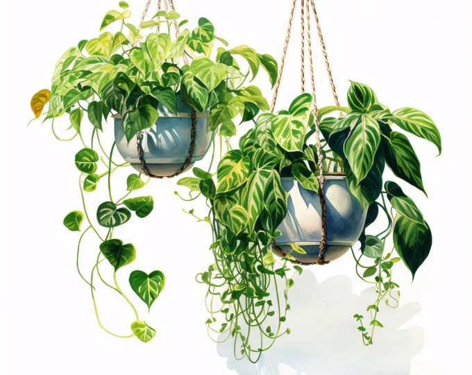 Hanging Plants Clipart, Greenery Pot Images, 10 Watercolor Clip Art, Printable JPGs, Instant Download, Commercial Use, Paper craft