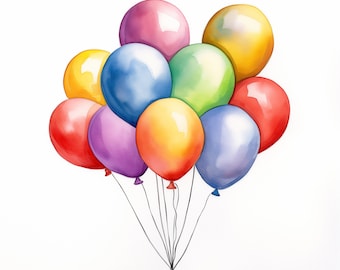 Party Balloons Clipart, Coloured Balloons Images, 10 Watercolor Clip Art, Printable JPGs, Instant Download, Commercial Use, Paper craft