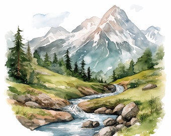 Watercolor Mountain Clipart: Landscape JPG Images for Commercial Use (Instant Download