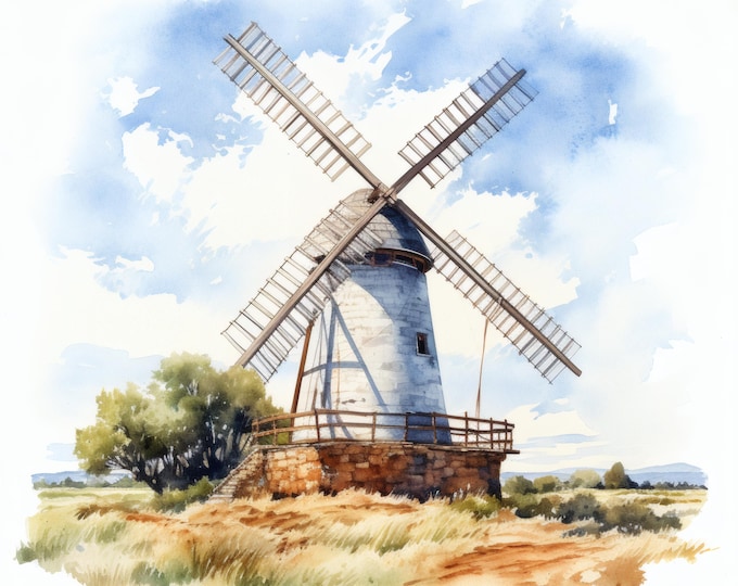 Windmill Clipart, Rustic Wind Mill Images, 10 Watercolor Clip Art, Printable JPGs, Instant Download, Commercial Use, Paper craft