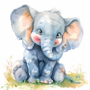 Watercolor Baby Elephant Clipart: Nursery Art Images (JPG Digital Download)