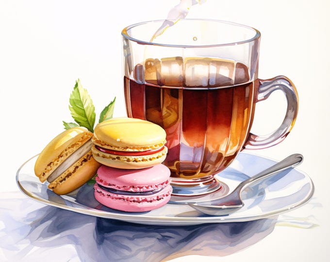 Tea and Macarons Watercolor Clipart: French Cafe Art (JPGs, Instant Download, Commercial Use)