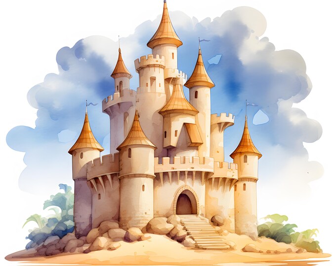 Beach Castle Clipart, Sand Castles Images, 10 Watercolor Clip Art, Printable JPGs, Instant Download, Commercial Use, Paper craft