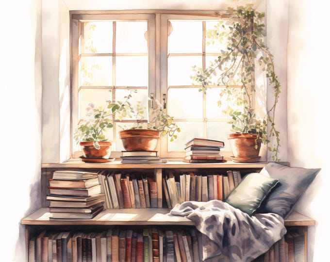 Cozy Book Nook Clipart, Reading Corner Images, 10 Watercolor Clip Art, Printable JPGs, Instant Download, Commercial Use, Paper craft