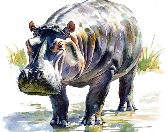 Hippo Clipart, Hippopotamus Images, 10 Watercolor Clip Art, Printable JPGs, Instant Download, Commercial Use, Paper craft