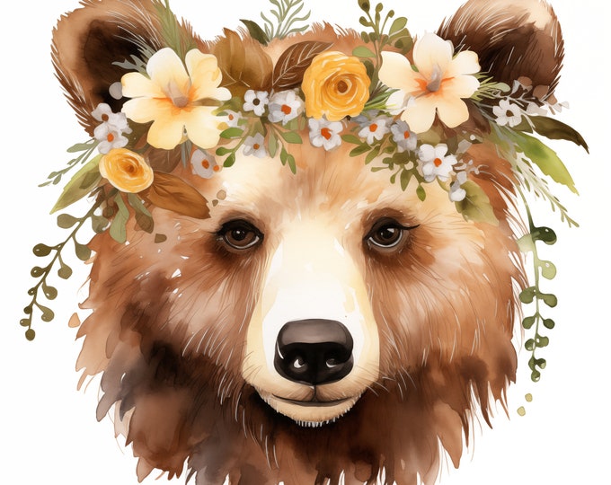 Brown Bear Clipart, Bear with Flowers Images, 10 Watercolor Clip Art, Printable JPGs, Instant Download, Commercial Use, Paper craft
