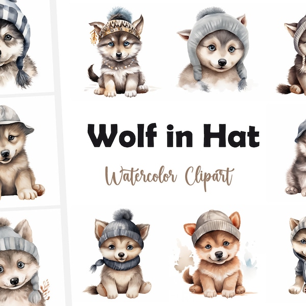 Baby Wolf, Gray Wolf in Hat - Watercolor Clipart Set with 10 JPG Images - Instant Download, Commercial Use, Digital Print