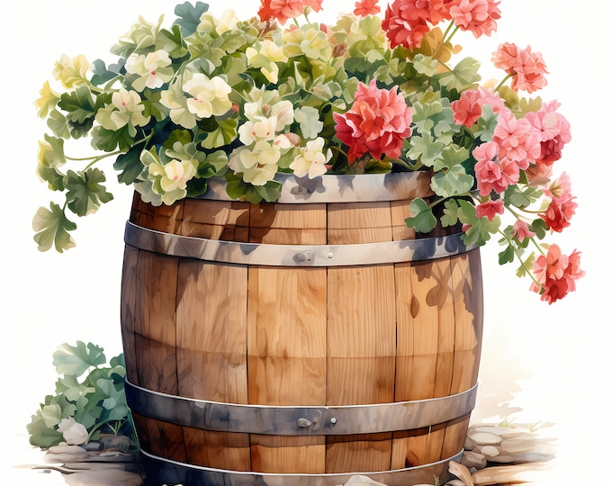 Floral Barrel Clipart, Wooden Barrel with Flowers Images, 10 Watercolor Clip Art, Printable JPGs, Instant Download, Commercial Use