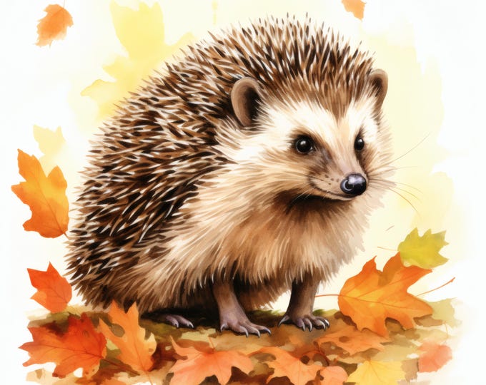 Hedgehog Clipart, Autumn Leaves Images, 10 Watercolor Clip Art, Printable JPGs, Instant Download, Commercial Use, Paper Craft