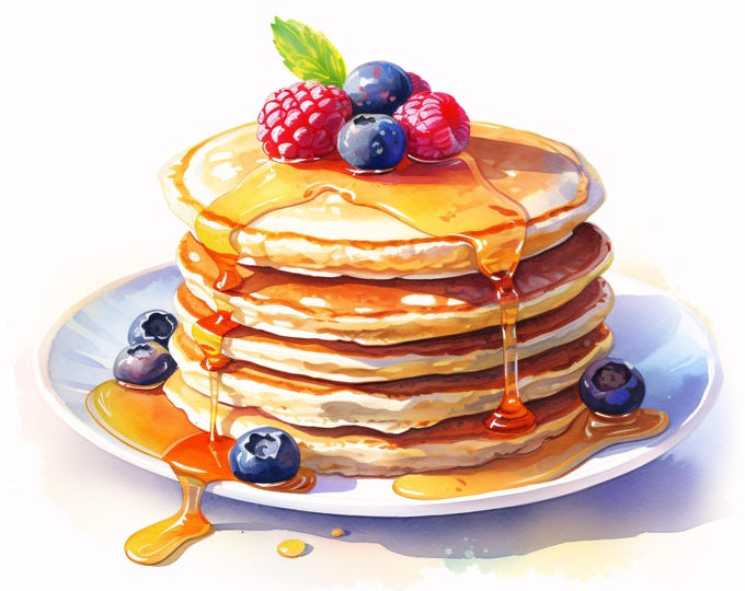 Pancakes and Berries Clipart: Watercolor Breakfast Food Images (JPGs, Commercial Use, Digital Download)