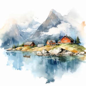 Norwegen Fjorde Clipart, Norwegen Landschaftsbilder, 13 Aquarell Clip Art, druckbare JPGs, Sofort Download, kommerzielle Nutzung, Papiermodell