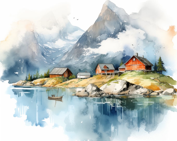 Norway Fjords Clipart, Norway Landscape Images, 13 Watercolor Clip Art, Printable JPGs, Instant Download, Commercial Use, Paper craft