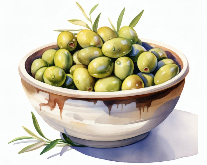 Olives Clipart, Olive Bowl Food Images, 10 Watercolor Clip Art, Printable JPGs, Instant Download, Commercial Use, Paper craft