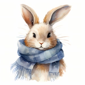 Bunny in Scarf Clipart, Winter Bunnies Images, 10 Watercolor Clip Art, Printable JPGs, Instant Download, Commercial Use, Paper craft
