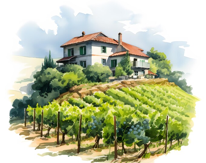 Vineyards Landscape Clipart, Green Vineyards Images, 10 Watercolor Clip Art, Printable JPGs, Instant Download, Commercial Use, Paper craft