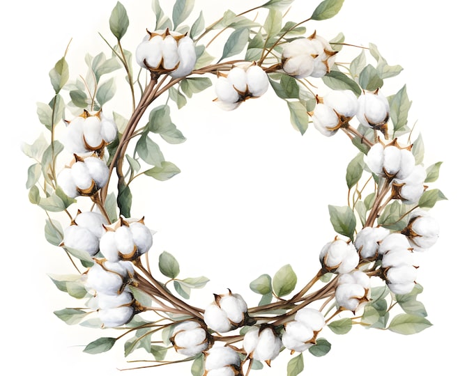 Cotton Wreath Clipart, Wreath of Cotton Images, 10 Watercolor Clip Art, Printable JPGs, Instant Download, Commercial Use, Paper craft