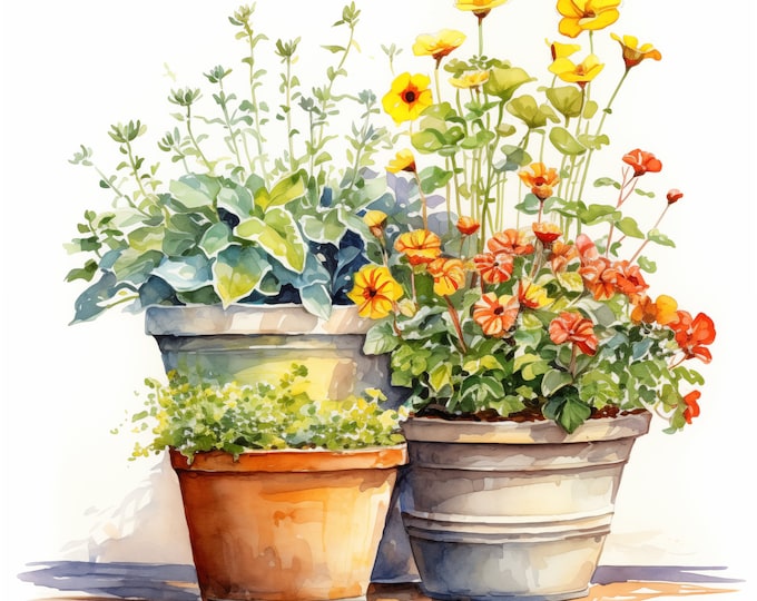 Flower Pots Clipart, Rustic Flowerpots Images, 10 Watercolor Clip Art, Printable JPGs, Instant Download, Commercial Use, Paper craft