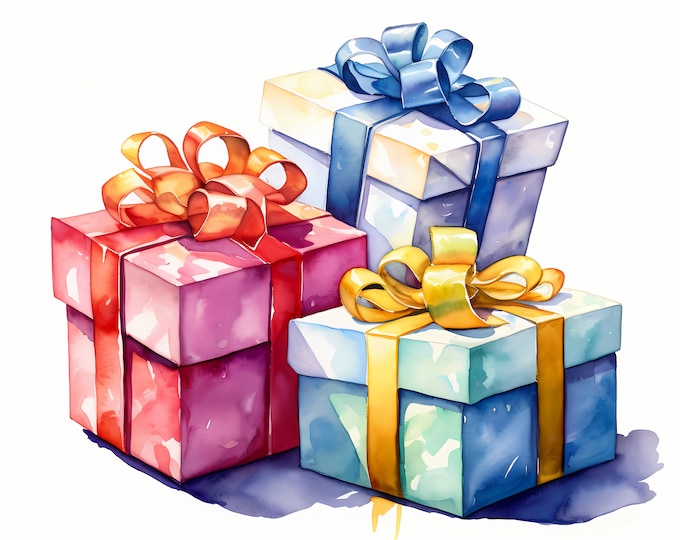 Gift Boxes Clipart, Wrapped Gifts Images, 10 Watercolor Clip Art, Printable JPGs, Instant Download, Commercial Use, Paper craft