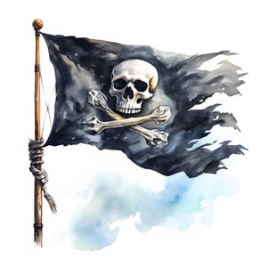 Puede incluir: Una bandera pirata negra con un diseño de calavera y huesos cruzados blancos. La bandera está desgarrada y desgastada, lo que le da un aspecto vintage.