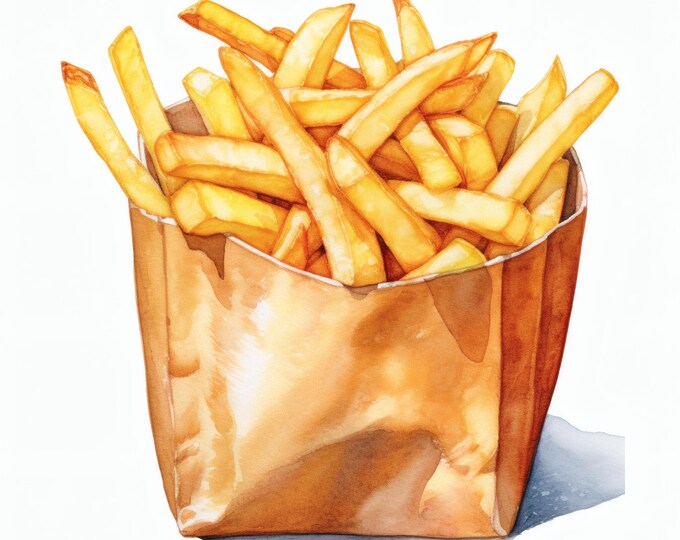 French Fries Clipart, Crispy Snack Images, 10 Watercolor Clip Art, Printable JPGs, Instant Download, Commercial Use, Paper craft