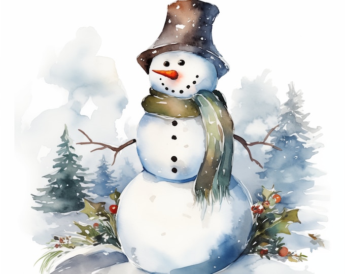 Snowman Clipart, Christmas Snowman Images, 10 Watercolor Clip Art, Printable JPGs, Instant Download, Commercial Use, Paper craft