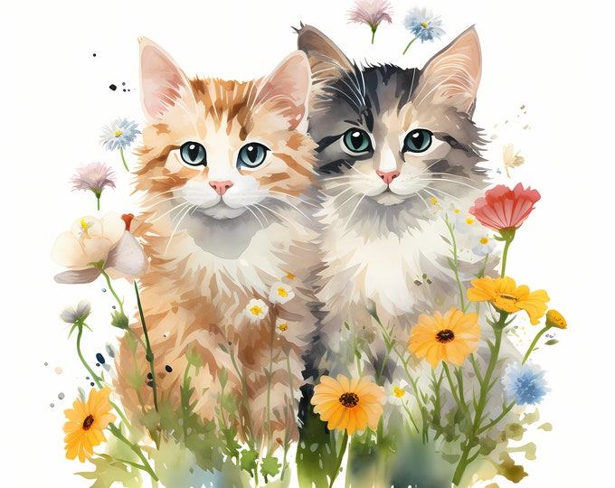 Wildflower Cats Clipart, Kittens in Flowers Images, 10 Watercolor Clip Art, Printable JPGs, Instant Download, Commercial Use, Paper craft