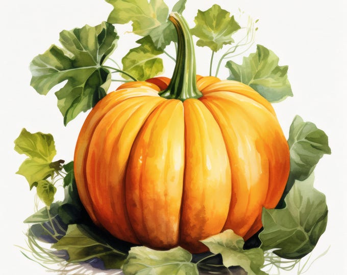 Pumpkin with Leaves Clipart, Autumn Harvest Images, 10 Watercolor Clip Art, Printable JPGs, Instant Download, Commercial Use, Paper craft