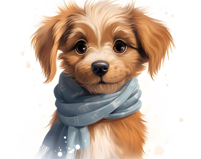 Winter Puppy Clipart, Puppy With Scarf Images, 10 Watercolor Clip Art, Printable JPGs, Instant Download, Commercial Use, Paper craft