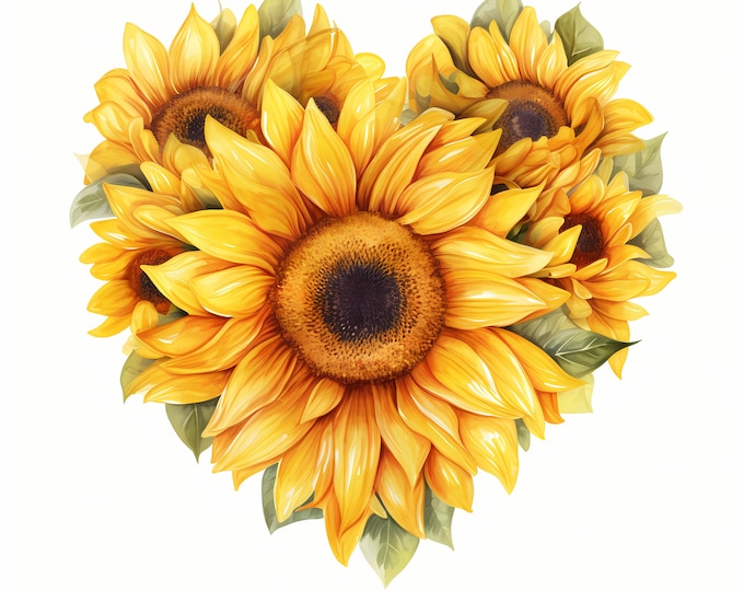 Sunflower Clipart, Heart Shaped Sunflowers Images, 10 Watercolor Clip Art, Printable JPGs, Instant Download, Commercial Use, Paper craft