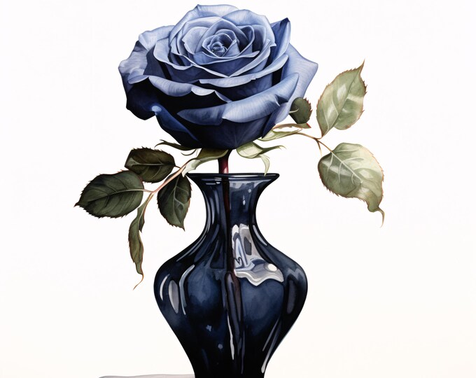 Watercolor Blue Rose Clipart: Elegant Floral Vase Images (JPG Digital Download, Commercial Use)