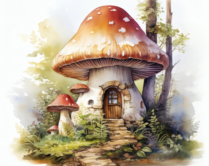 Mushroom House Clipart, Fairy Tale Fantasy Images, 10 Watercolor Clip Art, Printable JPGs, Instant Download, Commercial Use, Paper craft