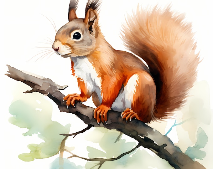 Squirrel Clipart, Squirrel on Branch Images, 10 Watercolor Clip Art, Printable JPGs, Instant Download, Commercial Use, Paper craft
