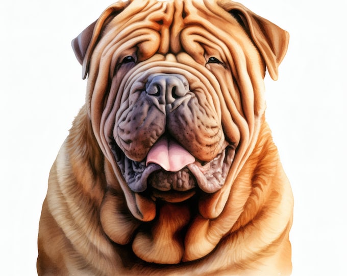 Shar Pei Dog Clipart, Wrinkled Dog Face Images, 10 Watercolor Clip Art, Printable JPGs, Instant Download, Commercial Use, Paper craft