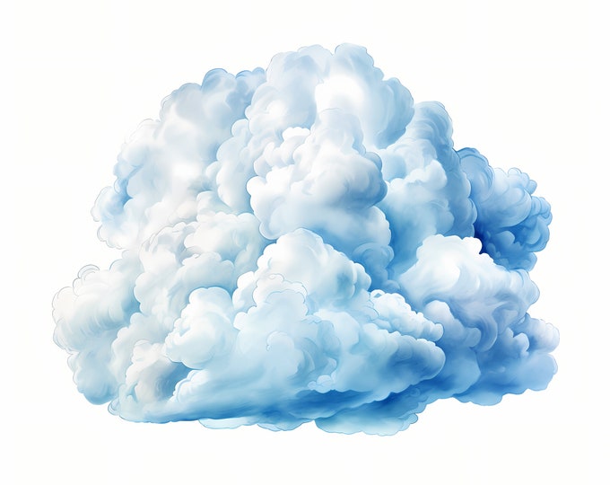 Fluffy Cloud Clipart, Blue Cloudy Sky Images, 10 Watercolor Clip Art, Printable JPGs, Instant Download, Commercial Use, Paper craft