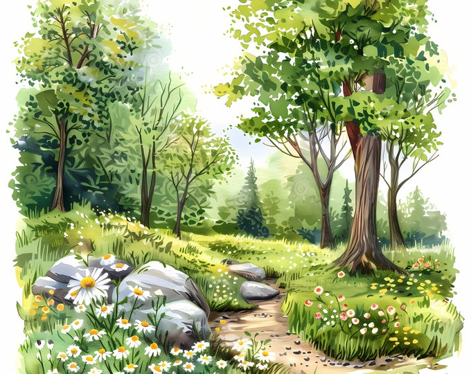 Spring Landscape Clipart, Spring Path Images, 10 Watercolor Clip Art, Printable JPGs, Instant Download, Commercial Use, Paper craft