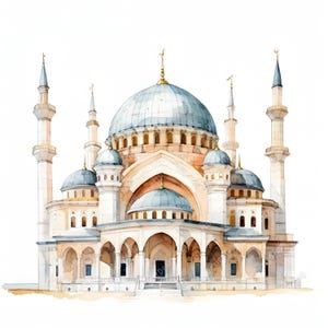 May include: A watercolor painting of a mosque with multiple domes and minarets. The mosque is painted in shades of white, blue, and beige.