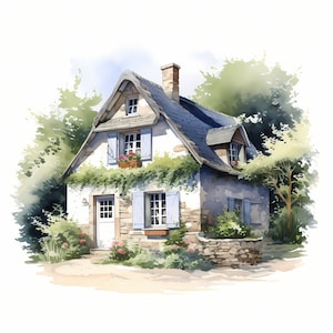 French Cottage Clipart, Country Houses Images, 10 Watercolor Clip Art, Printable JPGs, Instant Download, Commercial Use, Paper craft
