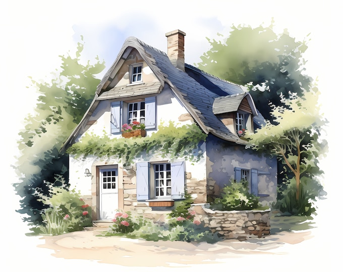 French Cottage Clipart, Country Houses Images, 10 Watercolor Clip Art, Printable JPGs, Instant Download, Commercial Use, Paper craft