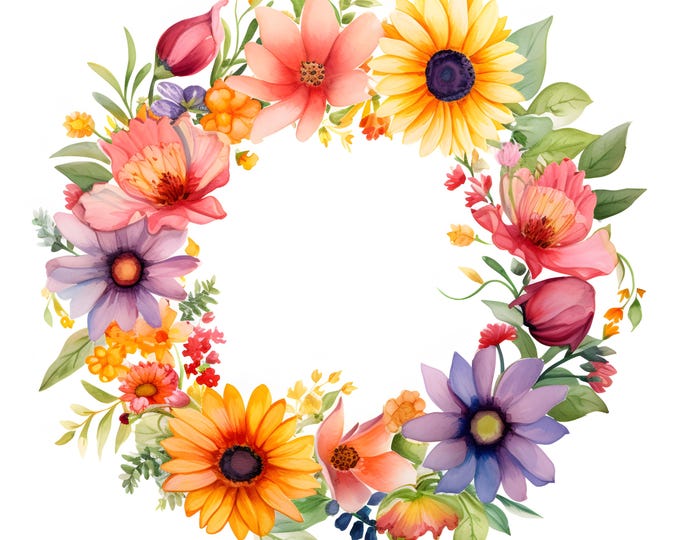 Flowers Wreath Clipart, Bright Flowers Wreath Images, 10 Watercolor Clip Art, Printable JPGs, Instant Download, Commercial Use, Paper craft