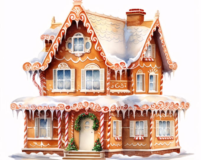 Gingerbread House Clipart, Christmas Cottage Images, 10 Watercolor Clip Art, Printable JPGs, Instant Download, Commercial Use, Paper craft
