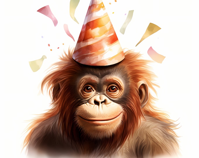 Orangutan Clipart, Monkey with Party Hat Images, 10 Watercolor Clip Art, Printable JPGs, Instant Download, Commercial Use, Paper craft