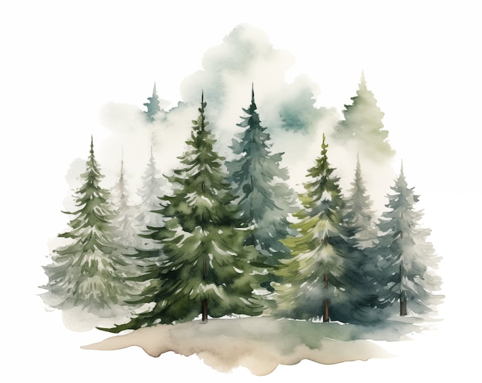 Christmas Trees Clipart, Forest Trees Images, 10 Watercolor Clip Art, Printable JPGs, Instant Download, Commercial Use, Paper craft