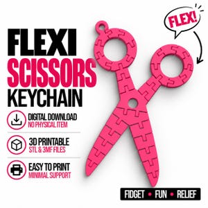 Może przedstawiać: Jaskraworóżowy, przegubowy brelok do kluczy w kształcie nożyczek o segmentowej, elastycznej konstrukcji. Tekst zawiera napisy FLEXI SCISSORS KEYCHAIN, DIGITAL DOWNLOAD NO PHYSICAL ITEM, 3D PRINTABLE STL & 3MF FILES, EASY TO PRINT MINIMAL SUPPORT, FLEX! oraz FIDGET FUN RELIEF.