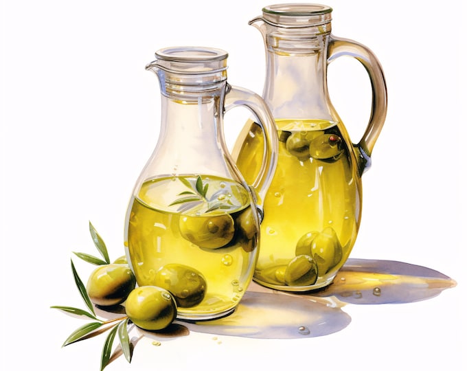 Watercolor Olive Oil Clipart: Kitchen Bottle Art, Commercial Use (JPGs, Instant Download)
