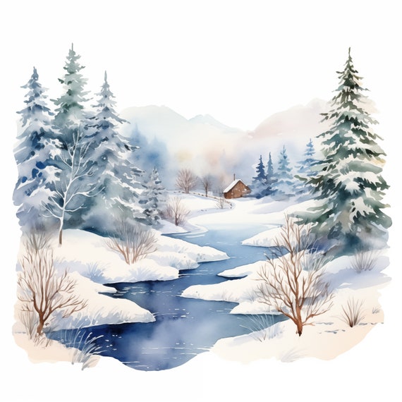 水彩画の冬の風景クリップアート：JPG画像10枚（商用利用可） - Etsy 日本
