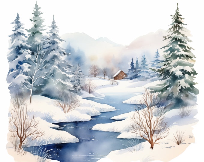 Winter Landscape Clipart, Winter Nature Images, 10 Watercolor Clip Art, Printable JPGs, Instant Download, Commercial Use, Paper craft