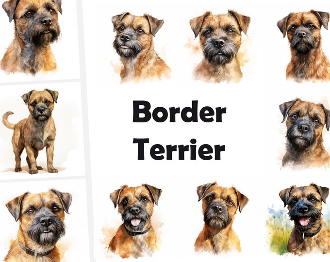 Border Terrier Clipart, Border Terrier Dog Images, 10 Watercolor Clip Art, Printable JPGs, Instant Download, Commercial Use, Paper craft