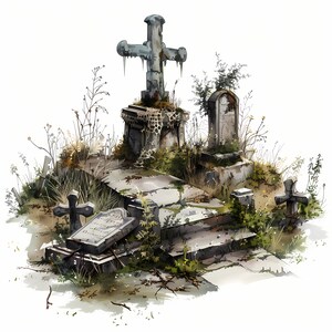 Imágenes de cementerios abandonados, 10 imágenes prediseñadas de acuarela, archivos JPG imprimibles, descarga instantánea, uso comercial, manualidades de papel